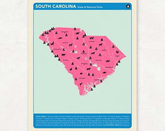 SOUTH CAROLINA PARKS - Pink Version, National and State Park Map, Fine Art Photographic Print for the home decor.