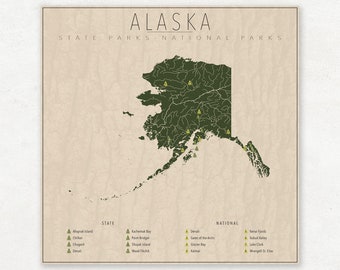 ALASKA PARKS, National and State Park Map, Fine Art Photographic Print for the home decor.