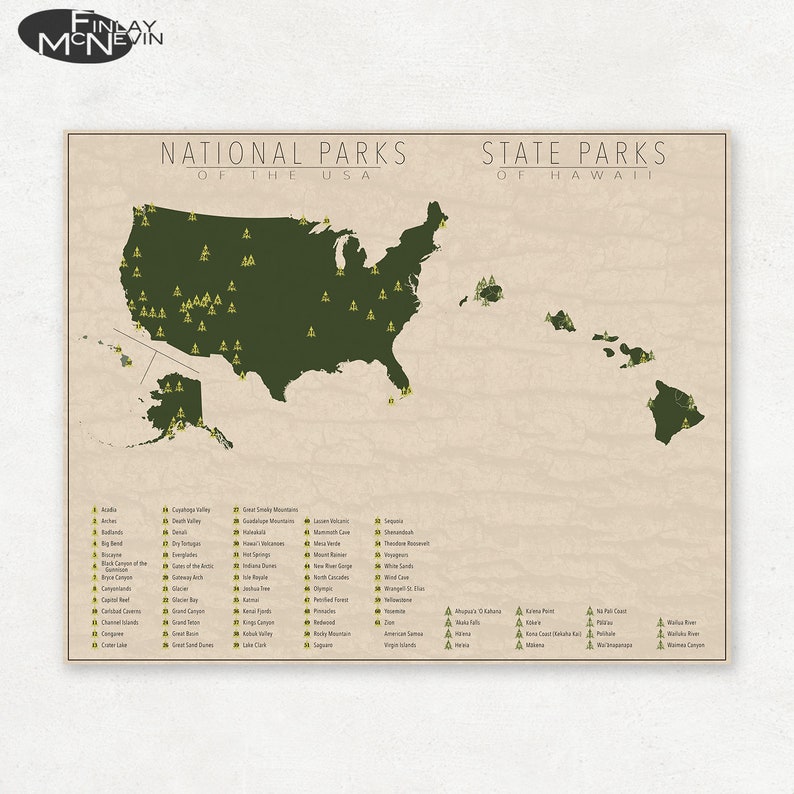 NATIONAL and STATE PARK Map of Hawaii and the United States, Fine Art Photographic Print for the home decor. image 1