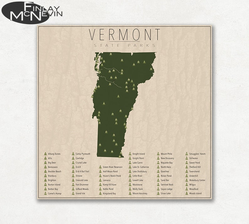 VERMONT PARKS, State Park Map, Fine Art Photographic Print for the home decor. image 1