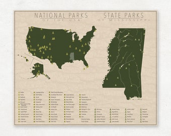 NATIONAL and STATE PARK Map of Mississippi and the United States, Fine Art Photographic Print for the home decor.