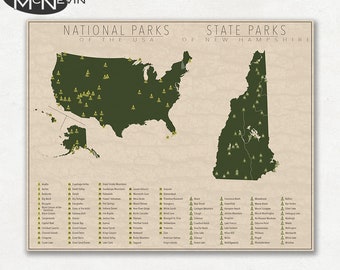 NATIONAL and STATE PARK Map of New Hampshire and the United States, Fine Art Photographic Print for the home decor.