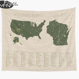 NATIONAL & STATE PARK Map of Wisconsin and the United States, Wall Tapestry for the home decor.