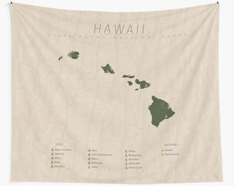 HAWAII PARKS TAPESTRY, National and State Park Map, Wall Tapestry for the home decor.