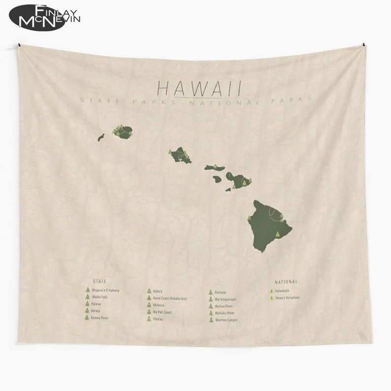 HAWAII PARKS TAPESTRY, National and State Park Map, Wall Tapestry for the home decor. image 1