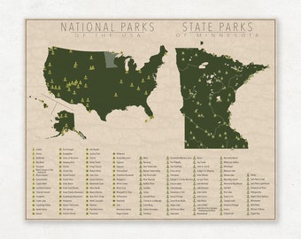 NATIONAL and STATE PARK Map of Minnesota and the United States, Fine Art Photographic Print for the home decor.