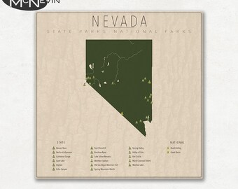 NEVADA PARKS, National and State Park Map, Fine Art Photographic Print for the home decor.