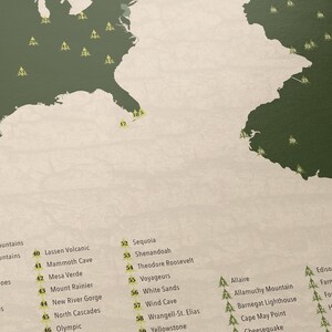 May include: A map of the United States with green outlines of each state. The map shows the locations of 61 different state parks. The state parks are numbered and listed with their names below the map.
