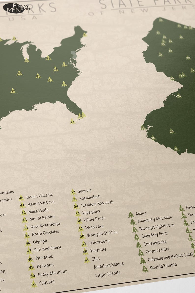 May include: A map of the United States with green outlines of each state. The map shows the locations of 61 different state parks. The state parks are numbered and listed with their names below the map.