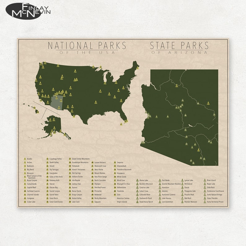 NATIONAL and STATE PARK Map of Arizona and the United States, Fine Art Photographic Print for the home decor. image 1