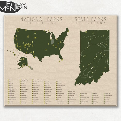 NATIONAL and STATE PARK Map of Indiana and the United States | Etsy