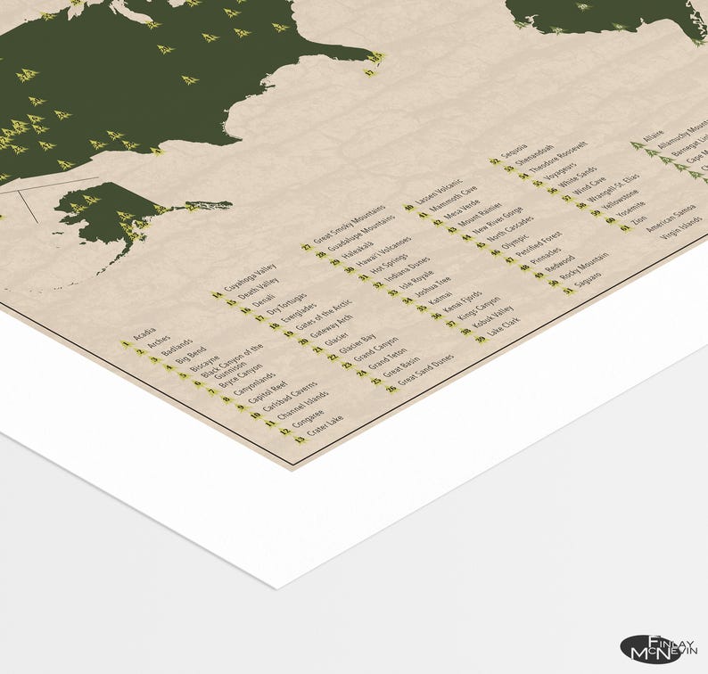 May include: A world map with green outlines of continents and islands.  The map is decorated with small green pine tree icons, each with a yellow star in the center.  The map includes text labels for various national parks and natural landmarks around the world.