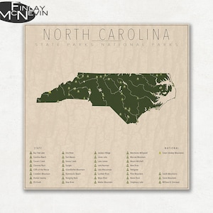 NORTH CAROLINA PARKS, National and State Park Map, Fine Art Photographic Print for the home decor.