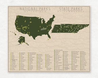 NATIONAL and STATE PARK Map of Tennessee and the United States, Fine Art Photographic Print for the home decor.