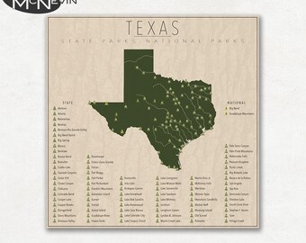 TEXAS PARKS, National and State Park Map, Fine Art Photographic Print for the home decor.