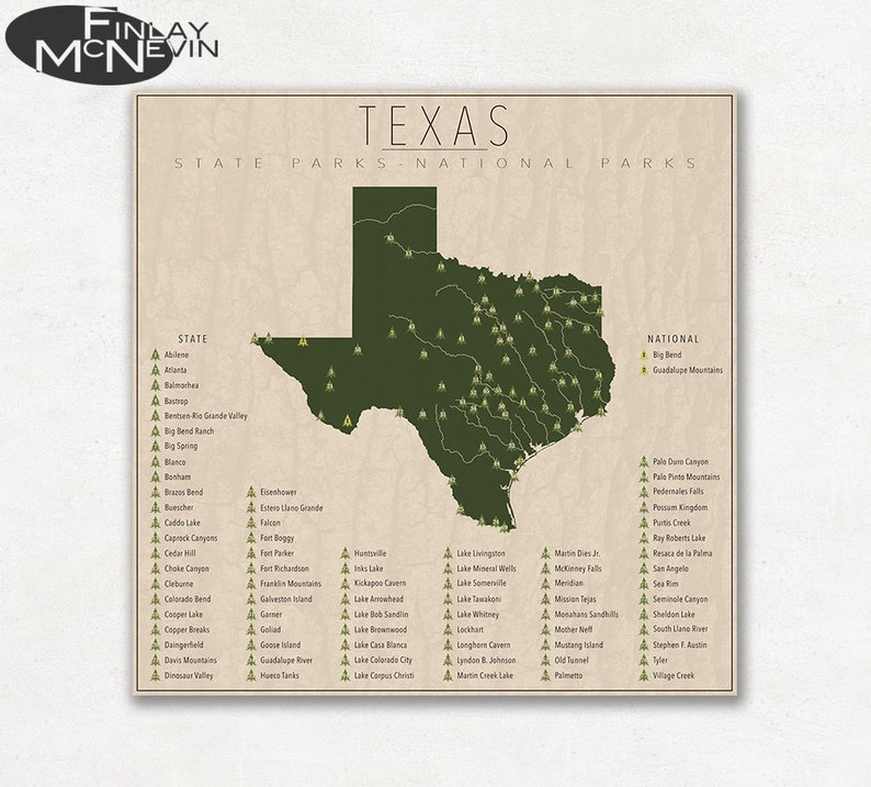 TEXAS PARKS, National and State Park Map, Fine Art Photographic Print for the home decor. image 1