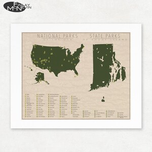 Rhode Island State Parks & U.S. National Parks Map, Giclée Print, Vintage Wall Art, Unframed, Nature Lover Gift