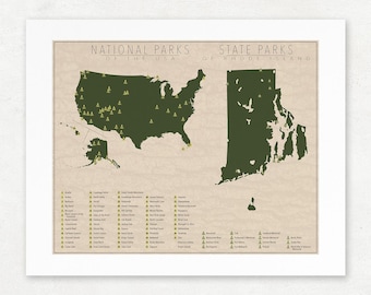 Rhode Island State Parks & U.S. National Parks Map, Giclée Print, Vintage Wall Art, Unframed, Nature Lover Gift
