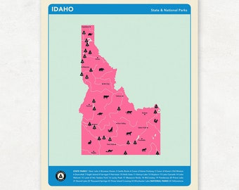 IDAHO PARKS - Pink Version, National and State Park Map, Fine Art Photographic Print for the home decor.