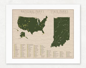 Indiana Parks & U.S. National Parks Map, Giclée Print, Vintage Wall Art, Unframed, Nature Lover Gift
