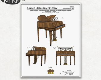 PIANO PATENT, Vintage Fine Art Print Poster, Colour, Blueprint, or Black and White