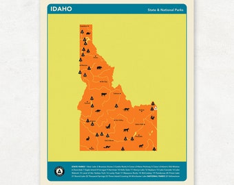 IDAHO PARKS - Orange Version, National and State Park Map, Fine Art Photographic Print for the home decor.