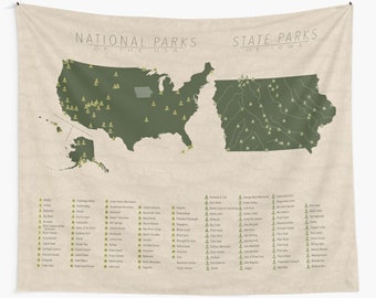 Carte du PARC NATIONAL ET D'ÉTAT de l'Iowa et des États-Unis, tapisserie murale pour la décoration intérieure.