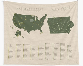 Iowa State & US National Parks Map Tapestry - Wall Art Decor