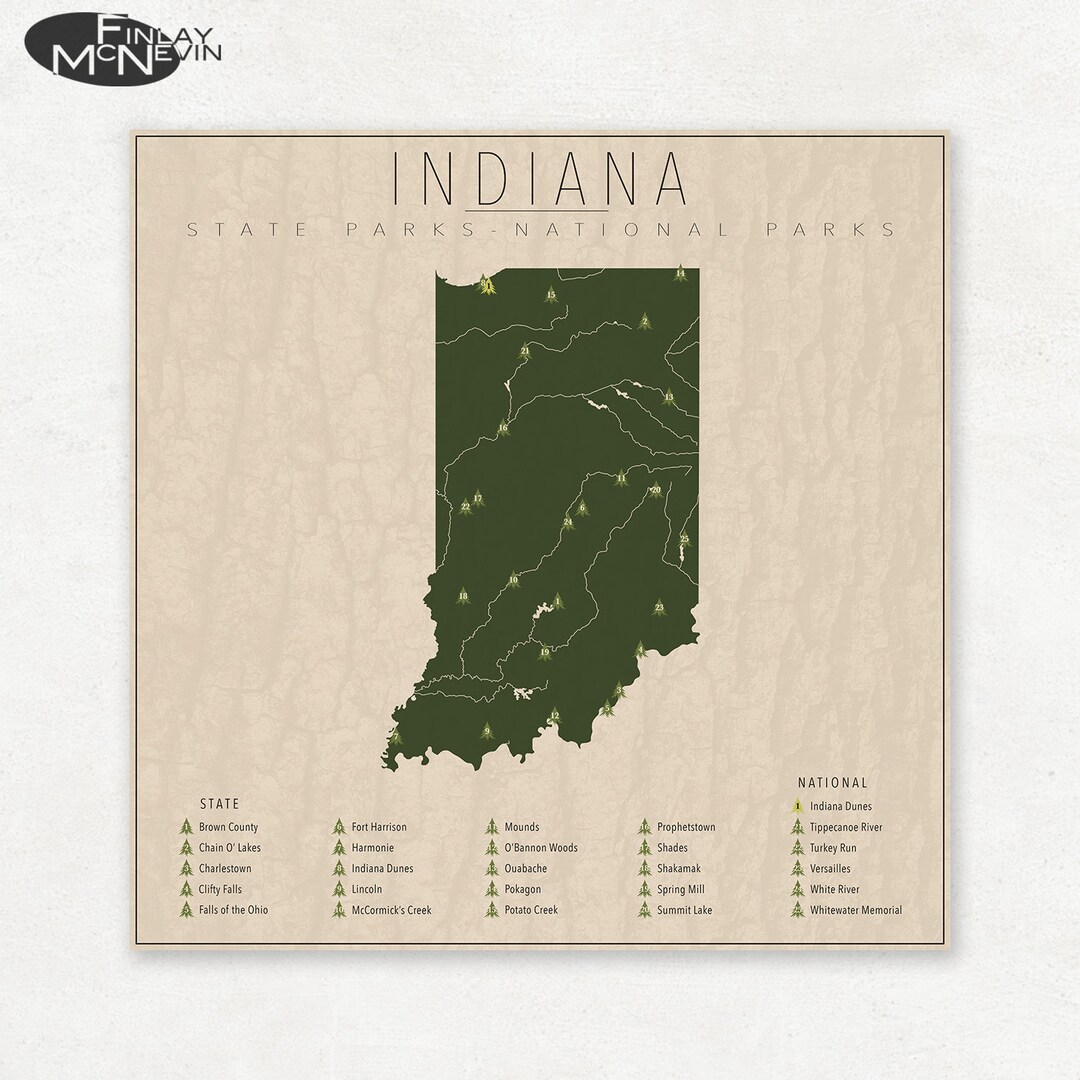 INDIANA PARKS, National and State Park Map, Fine Art Photographic Print ...