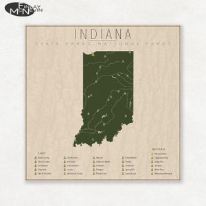 INDIANA PARKS, National and State Park Map, Fine Art Photographic Print for the home decor.