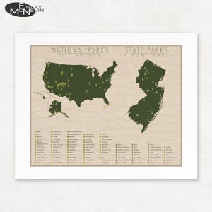 May include: A map showing the locations of all the National Parks in the United States and all the State Parks in New Jersey. The map is printed on a beige background with green outlines of the parks and a green outline of the United States and New Jersey. The map is titled "National Parks of the USA" and "State Parks of New Jersey".