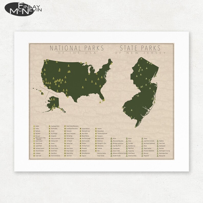May include: A map showing the locations of all the National Parks in the United States and all the State Parks in New Jersey. The map is printed on a beige background with green outlines of the parks and a green outline of the United States and New Jersey. The map is titled "National Parks of the USA" and "State Parks of New Jersey".