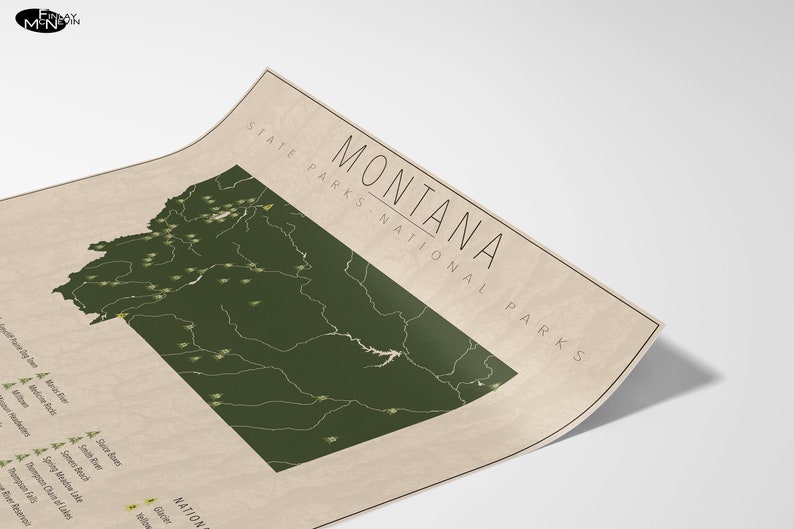 MONTANA PARKS, National and State Park Map, Fine Art Photographic Print for the home decor. image 3