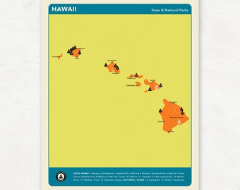 HAWAII PARKS - Orange Version, National and State Park Map, Fine Art Photographic Print for the home decor.