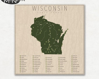 WISCONSIN PARKS, State Park Map, Fine Art Photographic Print for the home decor.