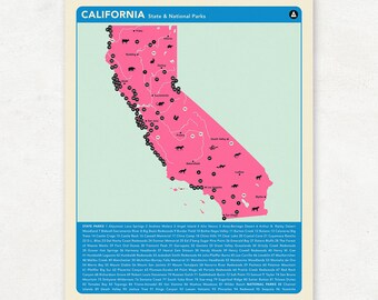 CALIFORNIA PARKS - Pink Version, National and State Park Map, Fine Art Photographic Print for the home decor.