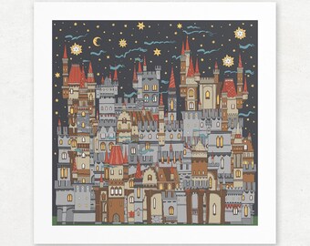 Whimsical Castle Giclee Print, Fantasy Art Night Sky Decor, Unframed Giclée Print