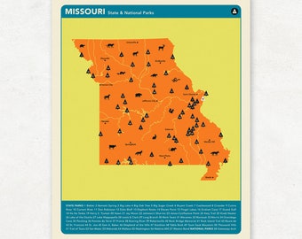 MISSOURI PARKS - Orange Version, National and State Park Map, Fine Art Photographic Print for the home decor.