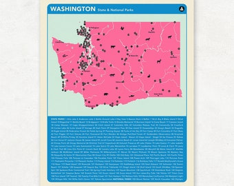 WASHINGTON PARKS - Pink Version, National and State Park Map, Fine Art Photographic Print for the home decor.