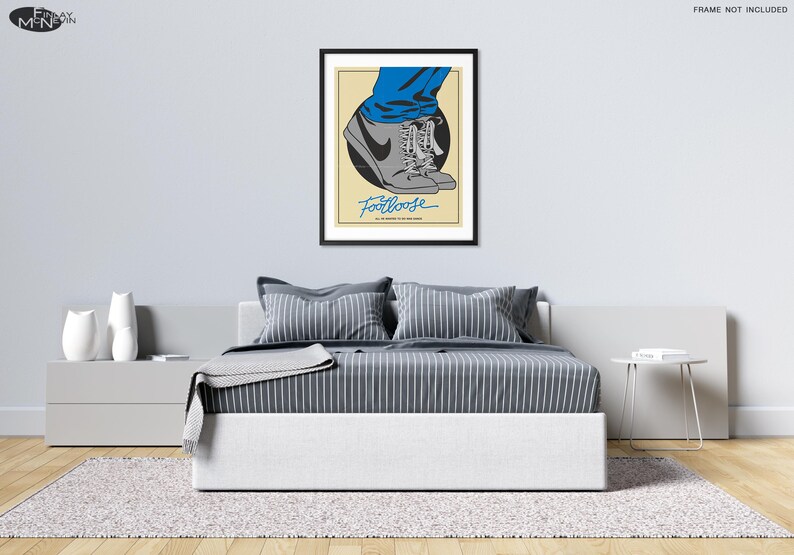 May include: A minimalist poster with a black frame featuring a pair of grey sneakers with blue laces and the word "Footloose" in blue text.