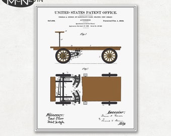 THOMAS EDISON AUTOMOBILE Patent, Vintage Fine Art Print Poster, Colour, Blueprint, or Black and White