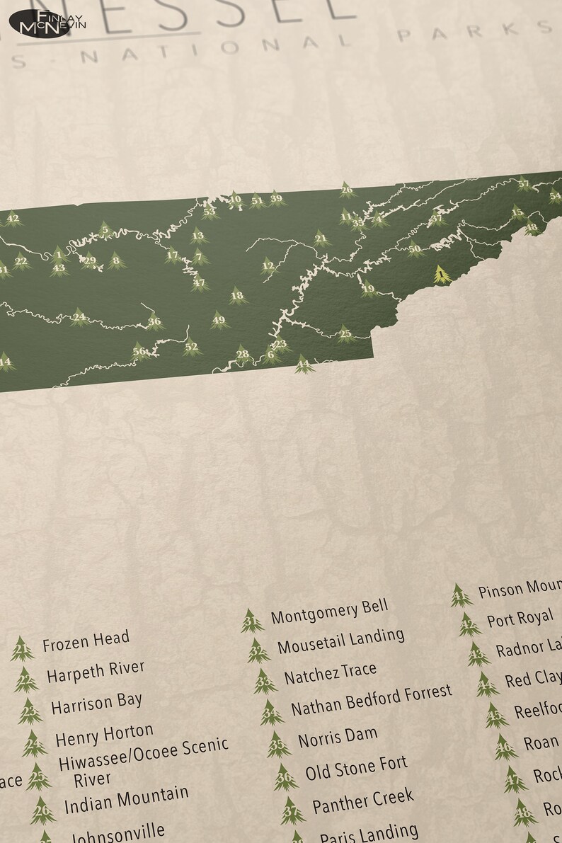 PARCS DU TENNESSEE, carte des parcs nationaux et d'État, impression photographique d'art pour la décoration intérieure. image 2