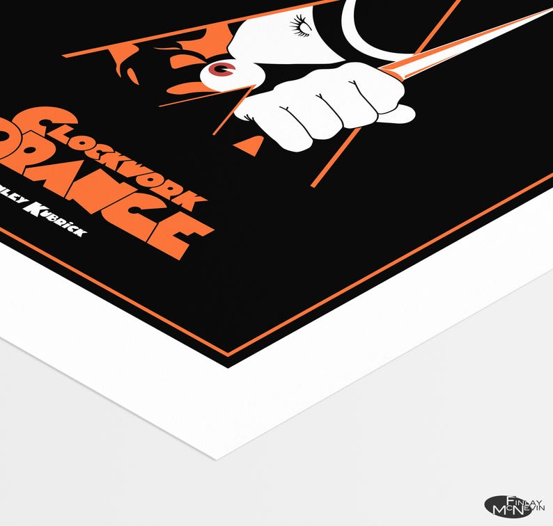 May include: A black and orange poster with the title "A Clockwork Orange" in orange text. The poster features a close-up of a person's eye and hand holding a knife.