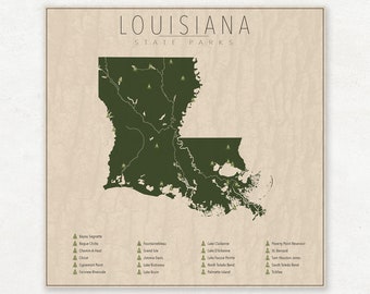 LOUISIANA PARKS, State Park Map, Fine Art Photographic Print for the home decor.