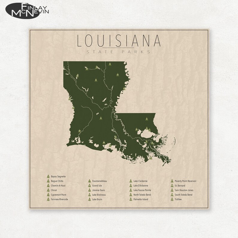 LOUISIANA PARKS, Mapa del parque estatal, impresión fotográfica de bellas artes para la decoración del hogar. imagen 1