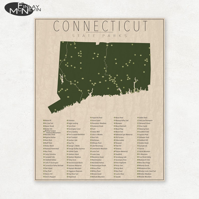 CONNECTICUT PARKS, State Park Map, Fine Art Photographic Print for the home decor. afbeelding 1