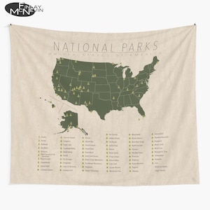 U.S. National Parks Map Tapestry with State Borders - Vintage Wall Art Decor