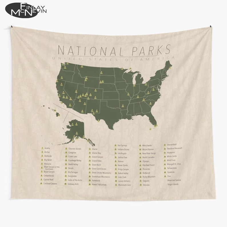 U.S. National Parks Map Tapestry with State Borders - Vintage Wall Art Decor image 1