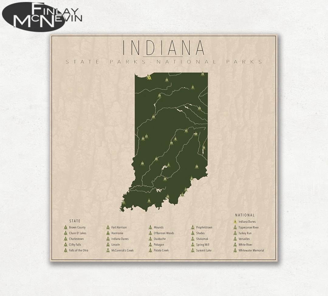 INDIANA PARKS, National and State Park Map, Fine Art Photographic Print ...