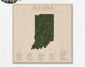 INDIANA PARKS, National and State Park Map, Fine Art Photographic Print for the home decor.